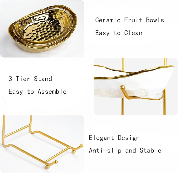3-Tier Fruit Bowls for Kitchen Counter,Ceramic Bowl with Gold Metal Stand,3 Tier Fruit Basket for Fruit,Snack,Cake,Nuts,Dessert Storage
