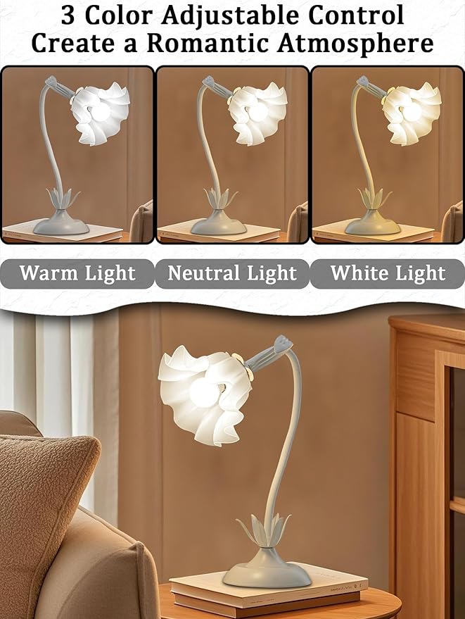 Flower Table Lamp,Bedside Table Lamp for Bedroom LED Reading Light 3 Color Modes,Vintage Flower Lamp Kawaii Table Lamps Desk Living Room Home Decor Mothers Day Birthday Gifts for Mom Women(White lamp)