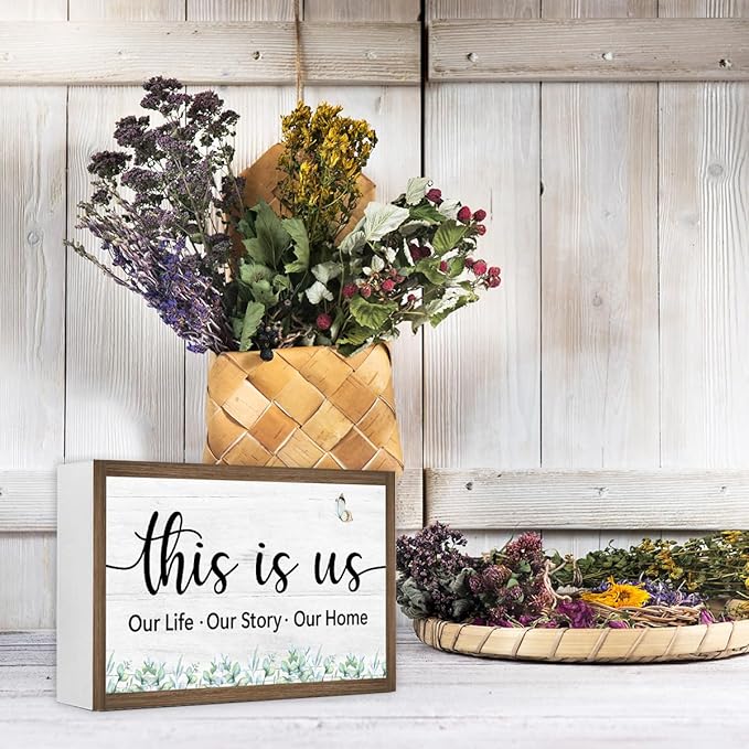 This is Us Wooden Box Sign Desk Decor,Rustic Family Saying Wood Block Sign for Home Farmhouse Bedroom Shelf Tabletop Wall Decor