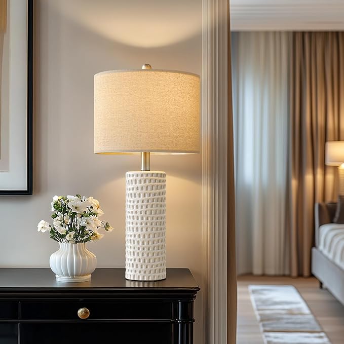 PORTRES 24" Farmhouse Ceramic Table Lamp Set of 2 for Bedroom Living Room White Desk Decor Bedside Lamps for Study Room Office Dorm Modern Accent Nightstand Lamp End Table Lamps