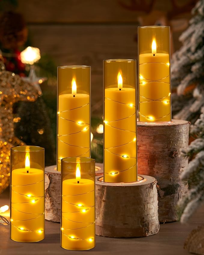 Da by Flameless Candle Light, Battery Candle with recessed String Lights, 5 flameless Candles with 11-Key Remote Control, 24-Hour Timer Function, Champagne Color