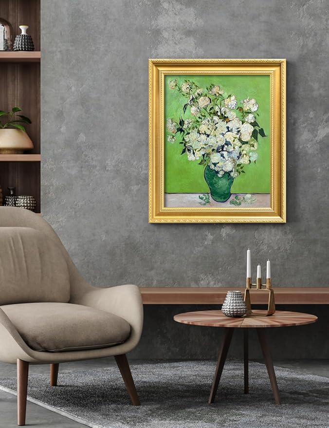 DECORARTS - Pink Roses in a Vase by Vincent Van Gogh. Giclee Print on Acid-Free Canvas in Gold Solid Wood Frame. Picture Size: 16x20, Total Size: 24.75x20.75, Made in USA