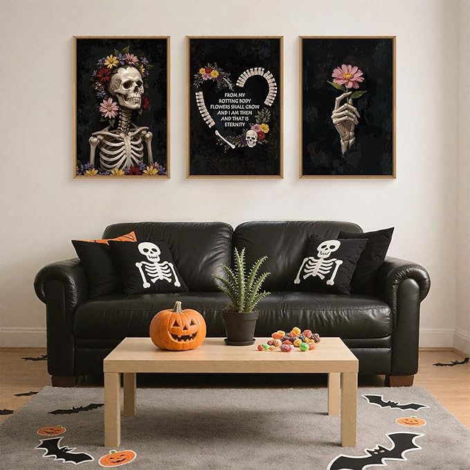 KAIRNE Halloween Gothic Skull Wall Art Set of 3, Spooky Skeleton Wall Decor and Horror Floral Prints, Dark Moody Canvas for Living Room, Bedroom, Goth Party Home Decor 16x24 inch