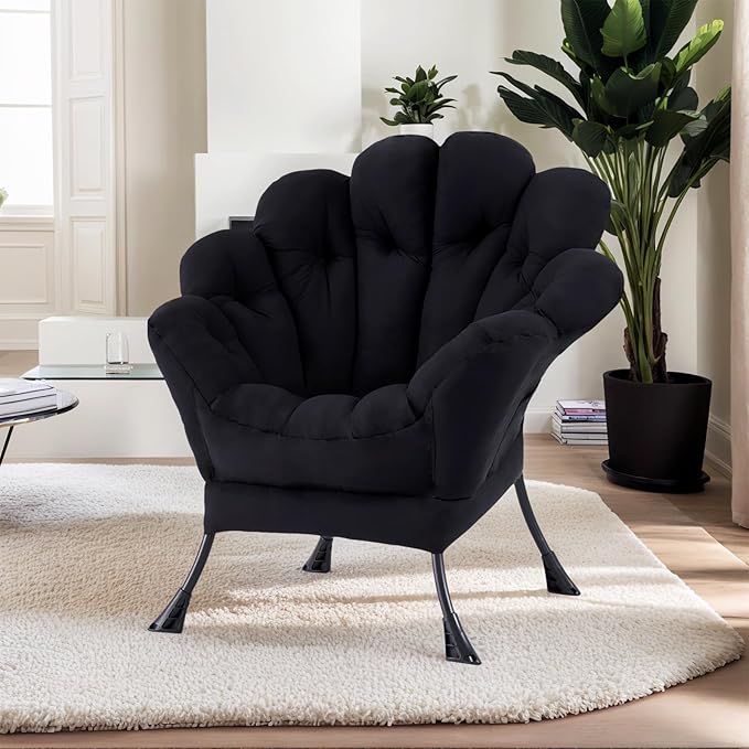 Lazy Chair, Modern Floral Reading Chair with Folding Footrest, Lounge Accent Chair, Comfortable Oversized Armchairs for Bedroom, Living Room, Courtyard, Black