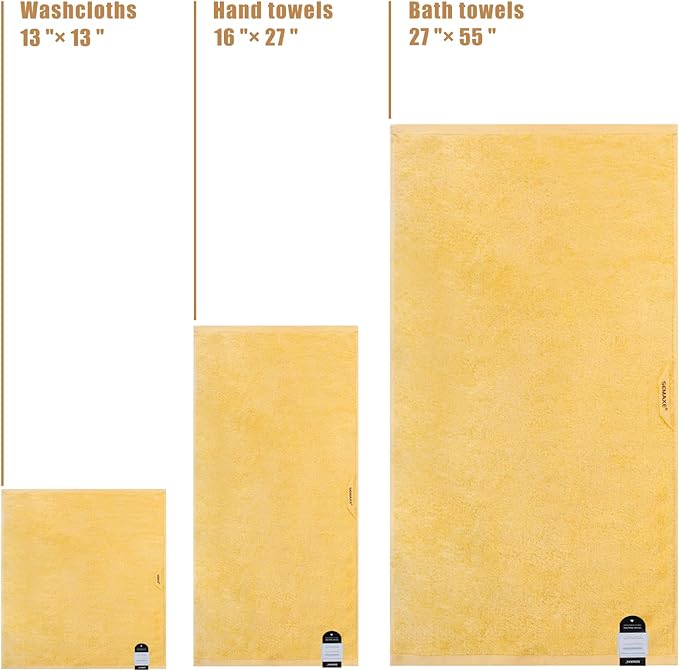 SEMAXE Bath Towel Set, 100% Cotton Absorbent Bathroom Towels with Hanging Loops and Nano-Bio Lifecycle Labels, Yellow 8 Piece Towel Set Include 2 Bath Towels, 2 Hand Towels, 4 Washcloths
