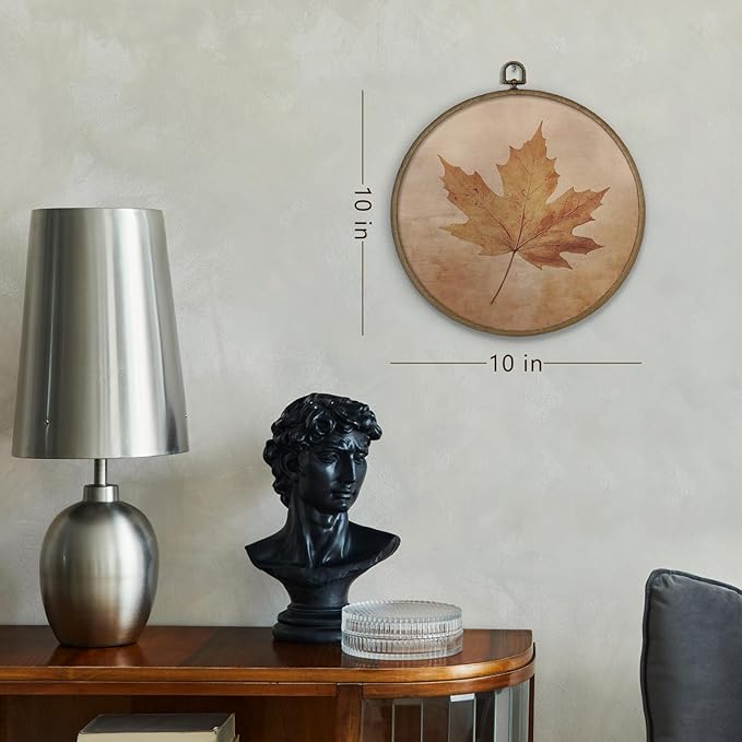 Gnmduw Fall Leaf Wall Art Framed, Fall Wall Decor, Rustic Thanksgiving Autumn Round Hanging Wall Decor, Halloween Autumn Canvas Prints Art for Cottage Core Living Room Bathroom Bedroom, 10x10 Inch