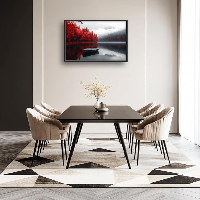 Olivine Lake Large Wall Art, Red Forest Pictures Wall Decor, Black And White Landscape Paintings, Boat Canvas Prints, Framed Artwork for Dining Room Bedroom Living Room Office Bathroom Home 36"x24"