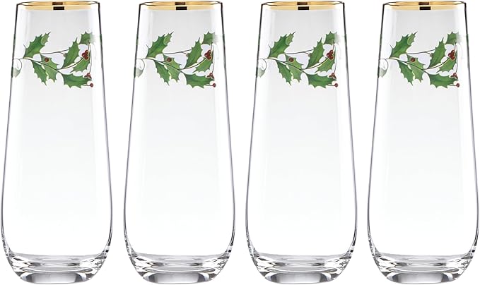 Lenox 889237 Holiday 4-Piece Stemless Flute Set, Christmas Theme