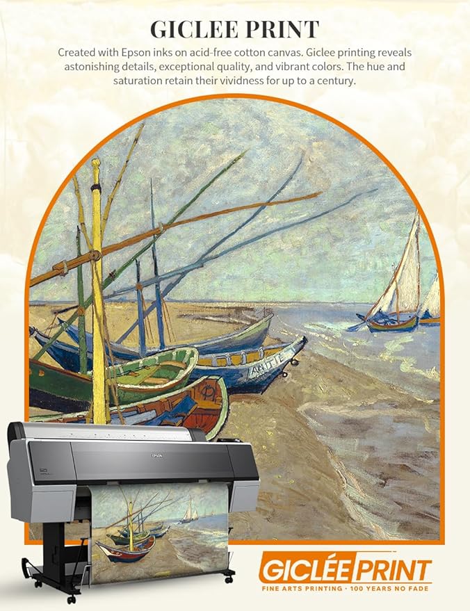 DECORARTS - Boats at Saintes Maries by Vincent Van Gogh. Giclee Print on Acid-Free Canvas in Gold Solid Wood Frame. Picture Size: 20x16, Total Size: 24.75x20.75, Made in USA