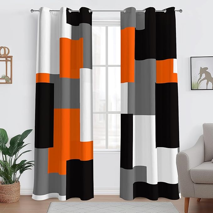 Orange 100% Blackout Curtains for Bedroom 96 inch Length 2 Panels Set White Grey Modern Abstract Geometric Black Out Curtains Insulated Room Darkening Window Drapes for Living Room, 42Wx96L