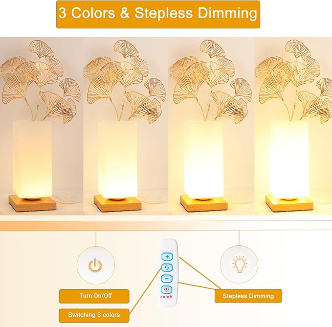 Vase Lamp Table Lamp Dimmable 3 Colors Vase Table Lamp USB Charge Bedside Lamp Frosted Glass Shade with Wood Base