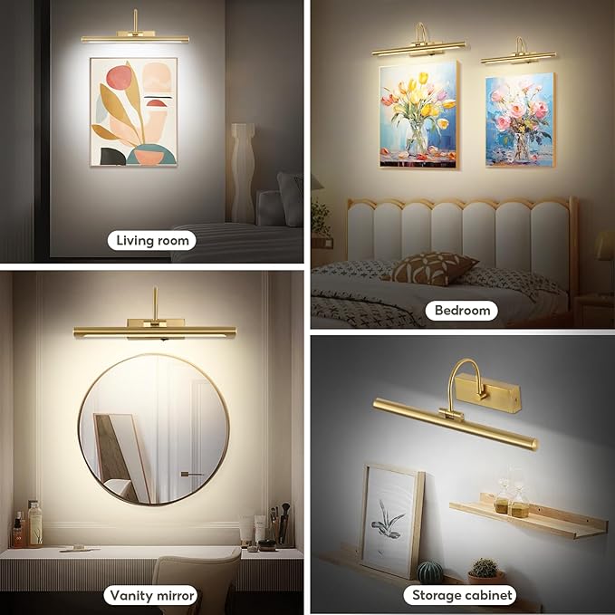 24" Picture Lights for Wall Battery Operated with Remote and Timer, Wireless Art Lights for Paintings, Rechargeable Wall Sconce, Dimmable Lighting for Canvas, Gallery Artwork, Portraits, Gold