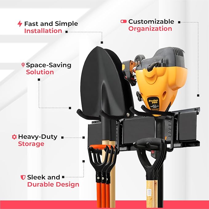 Garage Wall Organizer | 64" Heavy-Duty Tool Storage Rack | Adjustable Double-Layer Hooks | 400 lbs Capacity | Carbon Steel Wall Mount Holder for Shovels, Rakes, Ladders & Power Tools