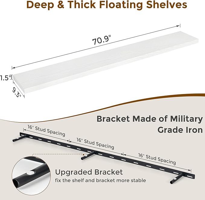 72 Inch Floating Shelves White, 72 x 9.3 Rustic Wooden Fireplace Mantel, 9.3 Inch Floating Shelf for Wall, Farmhouse Wall Shelves for Home Storage & Display