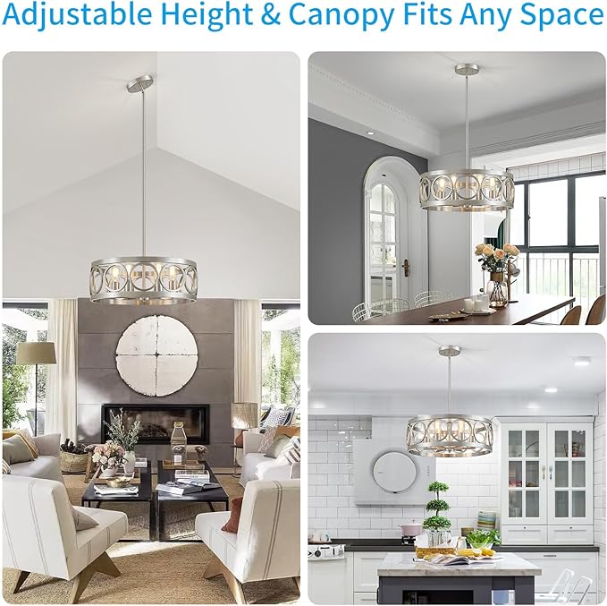 XINGQI 6-Light Modern Chandelier Brushed Nickel Farmhouse Dining Room Chandeliers, 21.7'' Drum Pendant Light Fixture Height Adjustable for Living Room Home Office