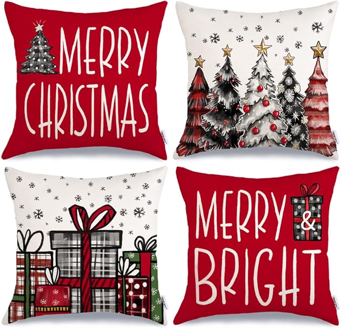 GEEORY Christmas Pillow Covers 18x18 Inch Set of 4, Snowflake Xmas Tree Present Merry Bright Holiday Decor Decorative Cushion Cases Winter Decoration for Home G401N-18