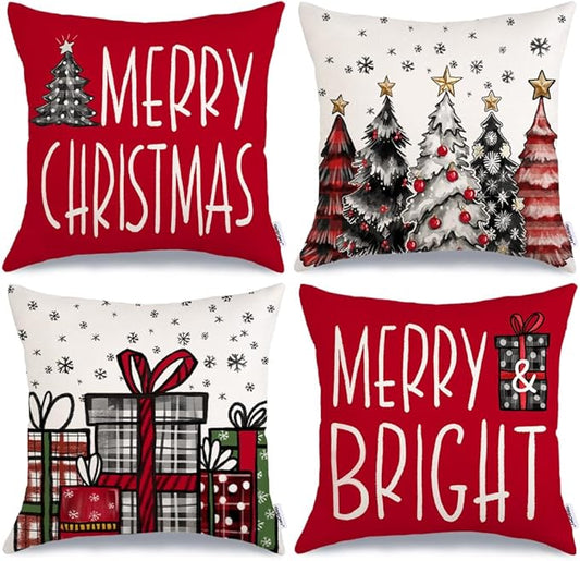 GEEORY Christmas Pillow Covers 18x18 Inch Set of 4, Snowflake Xmas Tree Present Merry Bright Holiday Decor Decorative Cushion Cases Winter Decoration for Home G401N-18