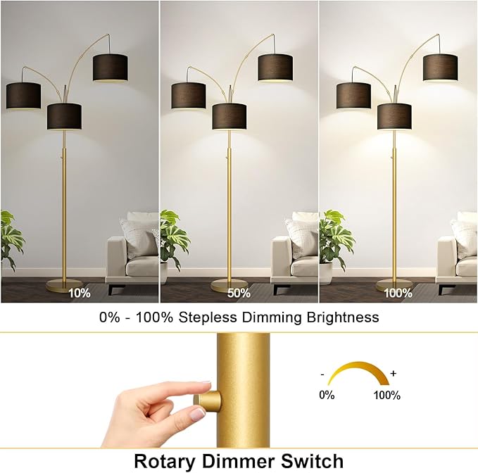 Dimmable Floor Lamp - 3 Lights Gold Arc Floor Lamps for Living Room, 1000LM Modern Tall Standing Lamp With Black Shades&Heavy Base, Mid Century Tree Floor Lamp for Bedroom Office, 3 LED Bulbs Included