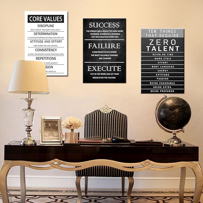 Zero Talent Poster Motivational Office Quotes Wall Art Core Values Inspirational Wall Decor Canvas Print 3 Panel Picture Artwork for Living Room Bedroom Home Decor Framed Ready to Hang [48''Wx 24''H]