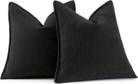 MIULEE Pack of 2 Black Decorative Pillow Covers 24x24 Inch Soft Chenille Luxurious Couch Throw Pillows Farmhouse Cushion Covers Euro Shams with Elegant Design for Sofa Bedroom Living Room Home Decor