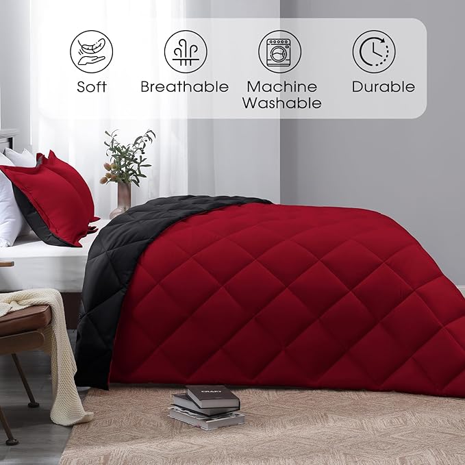 Basic Beyond King Size Comforter Set - Red and Black, Reversible for All Seasons, 1 Comforter (104"x92") and 2 Pillow Shams (20"x36"+2")