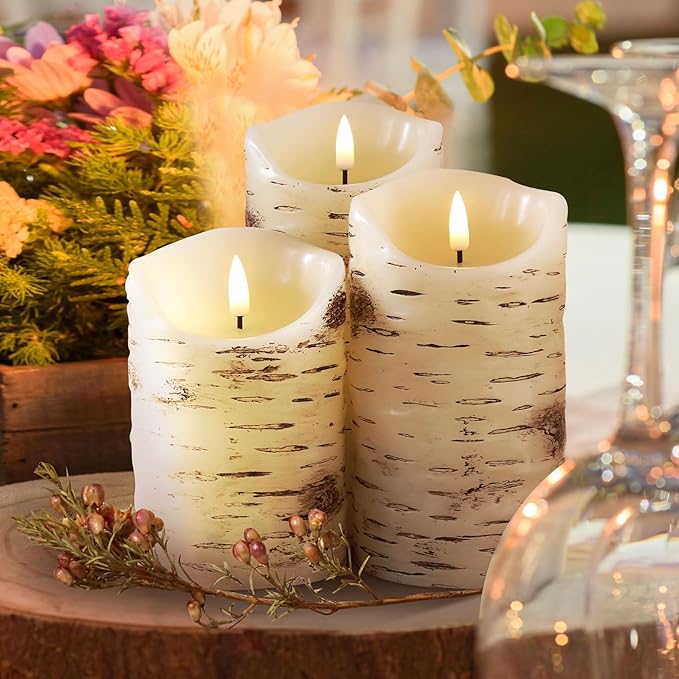 Eywamage Birch Bark Flameless Pillar Candles with Remote, Flickering Rustic Battery LED Wood Candles Set of 3