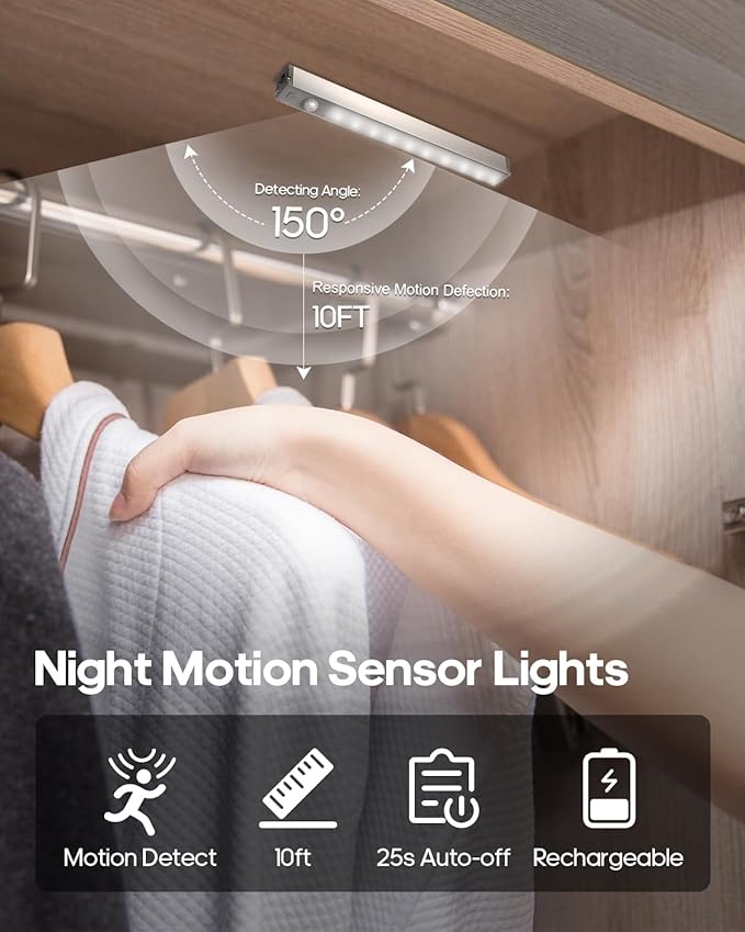 Led Under Cabinet Lights Wireless, 7’’ Rechargeable Motion Sensor Light Indoor, Dimmable Closet Lights for Cabinets, Bookshelf, Stair, Hallway