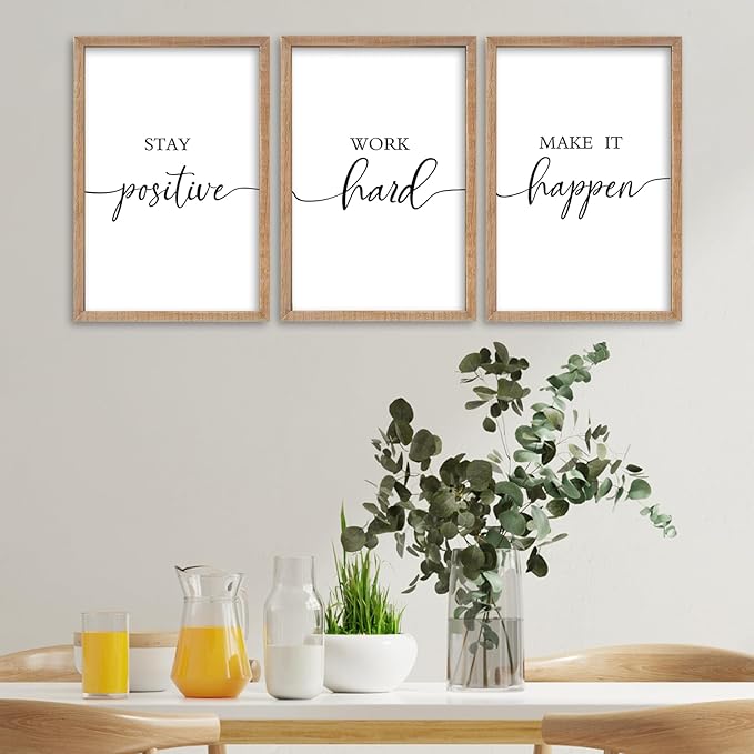 SRSZHIYUE Office Motivational Decor 16"×11" Set of 3 Stay Positive Work Hard Make It Happen Inspirational Quotes Wooden Framed Wall Hanging Art (Wood)