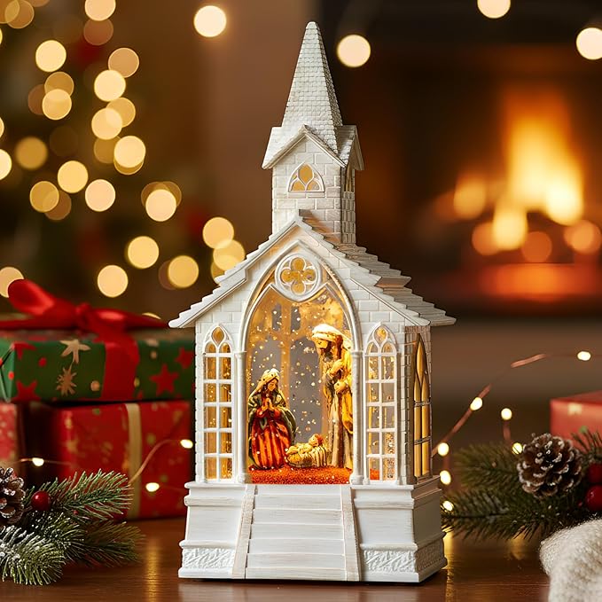 Christmas Snow Globes Church Nativity Water Lantern,Silent Night Music, Holiday Decorations Gifts for Family Children or Friends