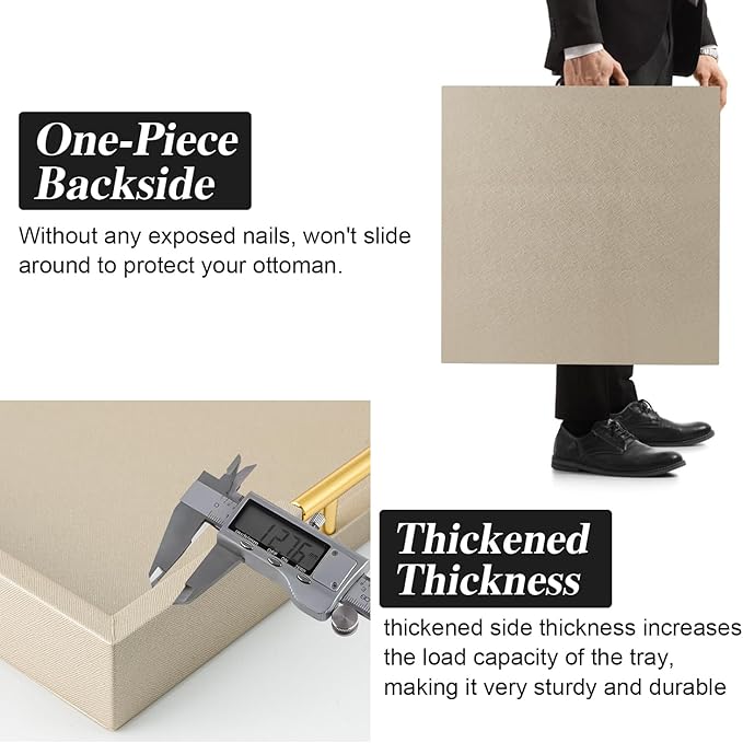 Champagne Faux Leather Serving Tray with Handles,20x20inches, Large Decorative Tray for Ottoman Coffee Table Decor Living Room, Kitchen, Bathroom