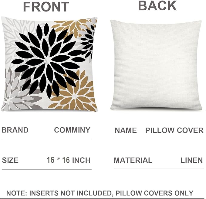 Brown Black Pillow Covers 16x16 Set of 6, Daisy Flower Throw Pillow Cover Case Rustic Square Cushion Cover for Sofa Bedroom Living Room Farmhouse Home Decor