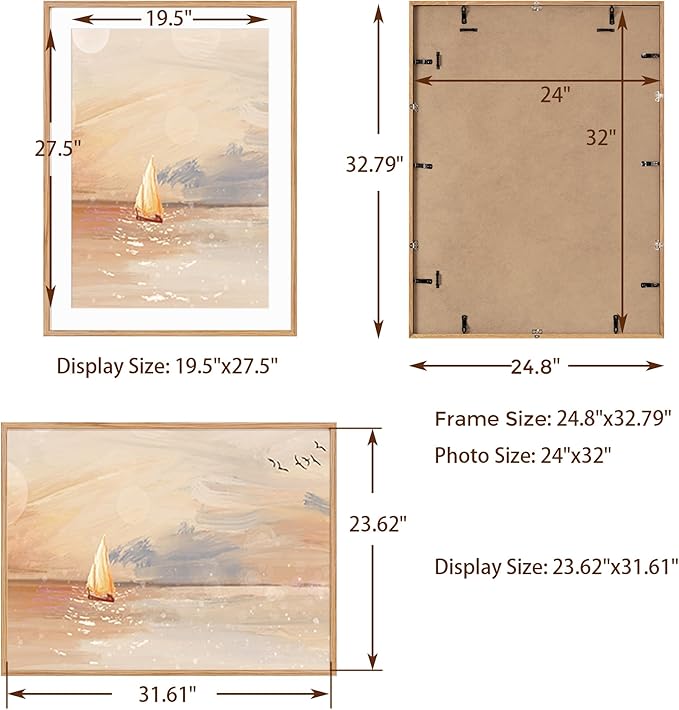Fun Memories Oak Wood Picture Frame 24x32 for Wall, Rustic Poster Frame With Real Glass, Mat for 20x28, Natural Oak Color (1 Pack)
