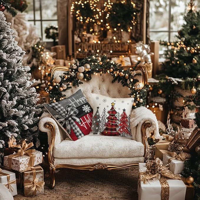 GEEORY Christmas Throw Pillow Covers 18x18 Inch Set of 4, Xmas Trees Merry and Bright Happy Holidays Farmhouse Decorative Cushion Cases for Home Decoration G632-18