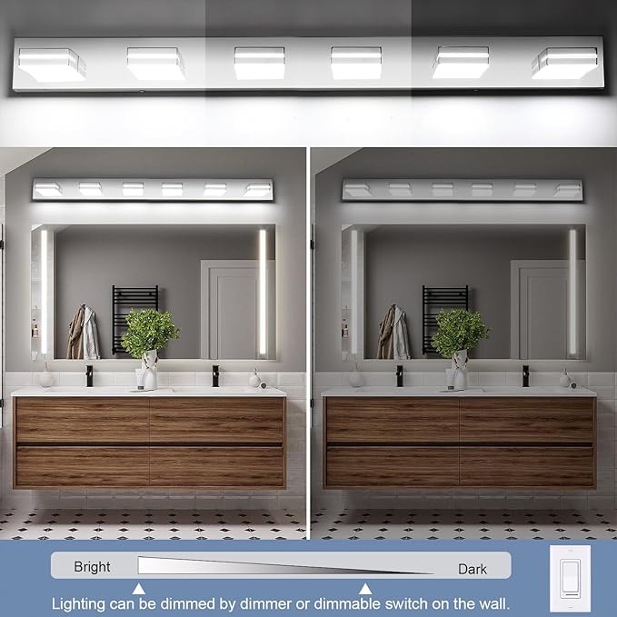SineRise LED Modern Bathroom Vanity Light Fixtures (6-Light, 48-Inch, Dimmable), Chrome Modern Acrylic Bathroom Wall Lighting Fixtures Over Mirror (Cool White 6000K)