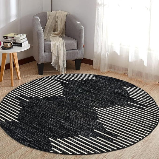 Rugshop Bohemian Stripe Stain Resistant High Traffic Living Room Kitchen Bedroom Dining Home Office Round Area Rug 8' Black