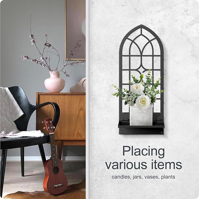 Wall Sconces Candle, Black Metal Wall Art Decor, Retro Line Wall Candle Holder for Living Room, Dining Room, Bedroom, Bathroom (16.5 x 7 in)