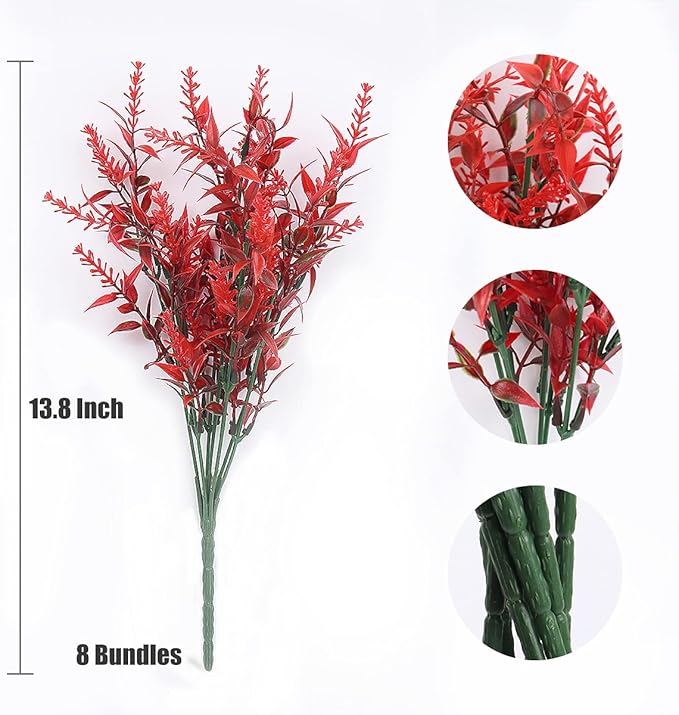 RECUTMS Artificial Outdoor Flowers, 8pcs Faux Outdoor Plant Plastic Lavender Bouquet,UV Resistant Flowers,Spring Decor,Lifelike Natural Fake Plant to Brighten Up Your Home (Red)