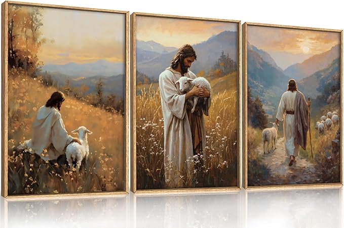 HOURIA Jesus The Good Shepherd Framed Canvas Wall Art Set,Biblical Lamb Sunset Wall Decor, Mountain Meadow Landscape Artwork,Christian Religious Art Prints for Living Room, Bedroom, Church- 24"x36"x3