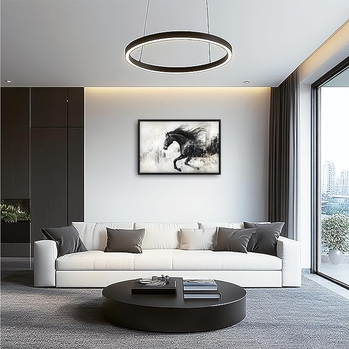 Framed Large Wall Art for Living Room, Black Running Horse Canvas Wall Decor, Large City Picture Framed Painting, Abstract Modern Artwork for Bedroom Office 36L'' × 24W''