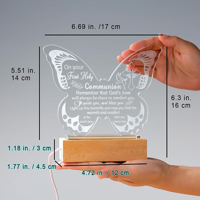 Ornalrist First Holy Communion Gifts for Girls, First Communion Baptism Gifts for Granddaughter Goddaughter, Boys, Teens, Crystal Butterfly Night Light Plaque with Warm Light Base