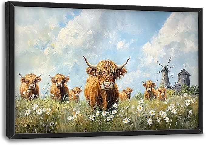 Flintis Large Highland Cow Barn Framed Wall Art Farmhouse Highland Cattle Daisy Pictures Wall Decor Abstract Canvas Painting Print Artworks Framed for Living Room Bathroom Master Bedroom 36L X 24W