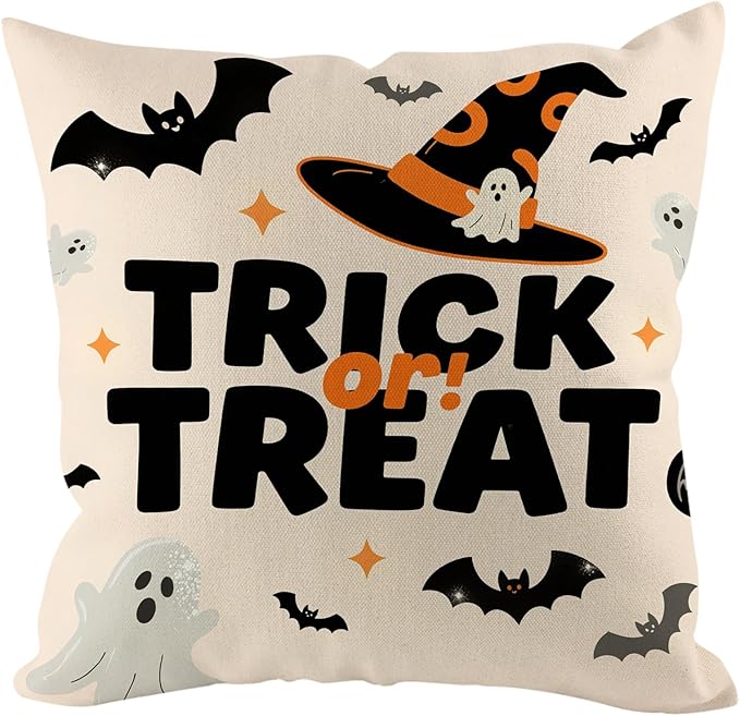 Halloween Pillow Covers 20x20 inch Set of 4, Linen Outdoor Farmhouse Cute Ghost Vintage Cat Skull Spooky Trick or Treat Party Supplies Black and White Decorations for Sofa Couch