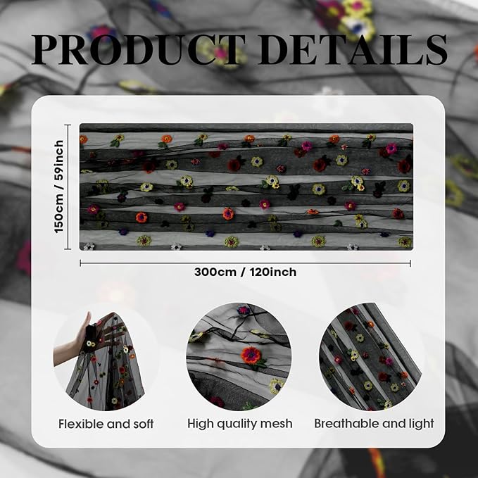 Artoid Mode Black Embroidery Daisy Gauze Table Runner 120 Inch 10FT, Seasonal Sheer Kitchen Dining Holiday Wedding Birthday Table Decor for Home Party