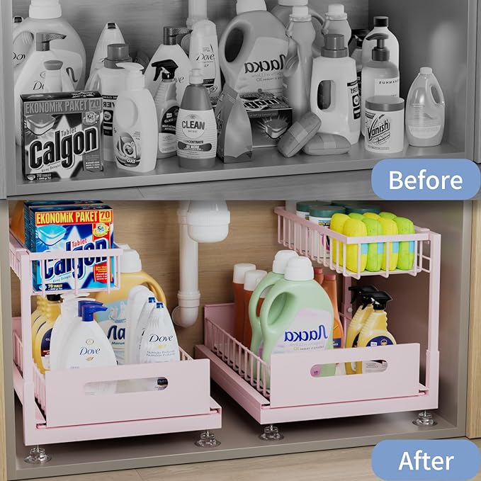 2 Pack Under Sink Organizer Storage 2-Tier Premium Metal Pull-Out Racks, Height Adjustable, Easy Installation | Kitchen & Bathroom Organizers