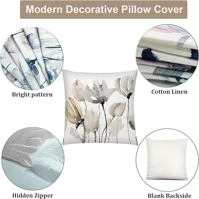 COMMINY Brown White Grey Pillow Covers 18x18 Set of 6 Flower Throw Pillow Cover for Couch Modern Decorative Watercolor Floral Cushion Cover for Sofa Bedroom Living Room Farmhouse Home Decor