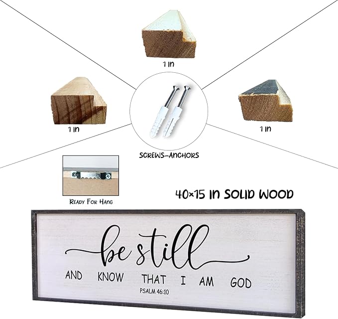 Surfapans Be Still and Know that I am God Wall Decor 40"x15" Large Farmhouse Family Living Room Vintage Religious Bible Verses Entryway Sign Wood Framed Scripture Hallway Hanging Wall Art (Black)