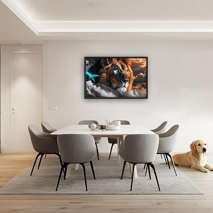 Abstract Lion Large Framed Wall Art Cool Lion Lightning Pictures Oversized Rustic Wild Animal Wall Decor Canvas Print Painting Aesthetic Modern Artwork for Living Room Bedroom Office Bathroom Home Decor 36L"x24W"