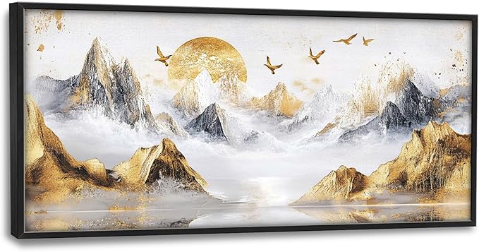Extra Large Framed Abstract Mountain Wall Art,Golden Silver Sun Bird Wall Decor,Mountain Landscape Pictures for Living Room,Canvas Print Painting Modern Artwork Bedroom Office Bathroom 60L x30W