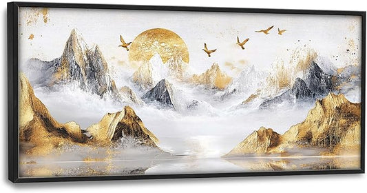 Extra Large Framed Abstract Mountain Wall Art,Golden Silver Sun Bird Wall Decor,Mountain Landscape Pictures for Living Room,Canvas Print Painting Modern Artwork Bedroom Office Bathroom 60L x30W