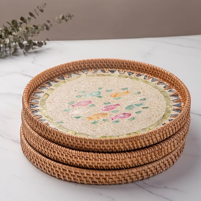 11.81" Decorative Round Mother Pearl Inlay Tray Rattan Wooden Base for Fruit Serving, Coffee Table Tray, Storage and Display Organizer (Fish 13.8)